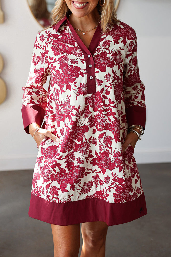 V-Neck Floral Print Button Pockets Dress