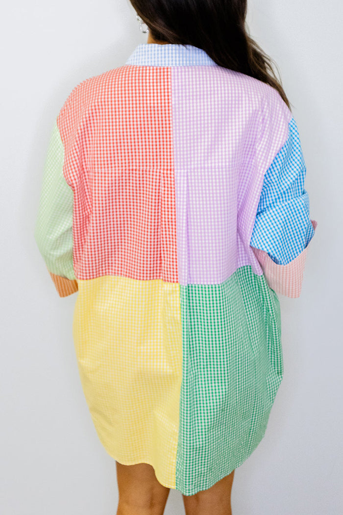 Colorblock Graphic Gingham Button Up Tunic