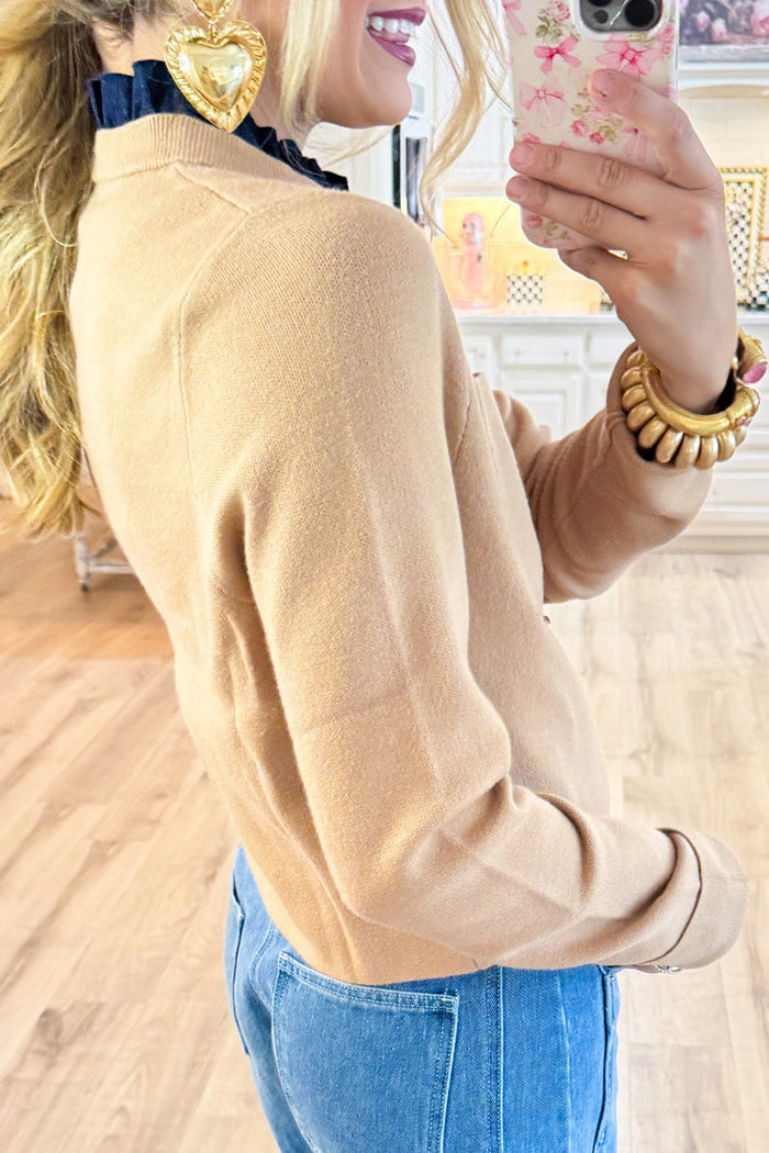 Beige Ruffle Contrast Collar Cardigan
