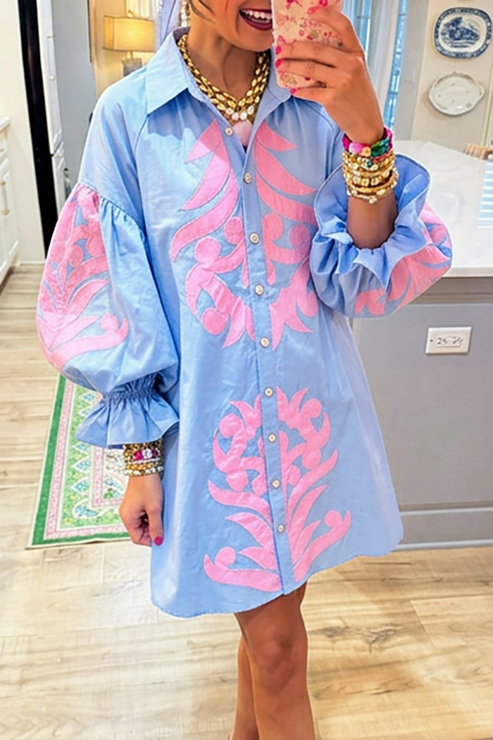 Ruffle Cuff Lantern Sleeve Embroidered Dress