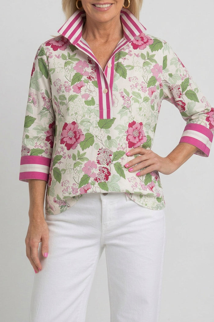 Floral Striped Trim Three Quarter Shirt