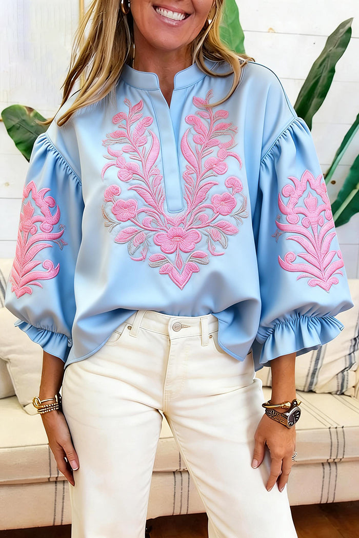 Embroidered Ruffle Cuff Top