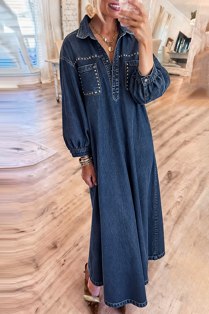Dark Denim Studded Collar Pocket Maxi Dress