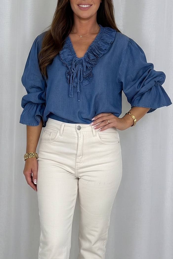 Chambray Blue Ruffle Neck Top