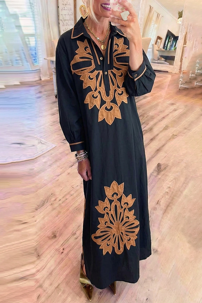 Floral Collar Long Sleeves Pockets Maxi Shirt Dress