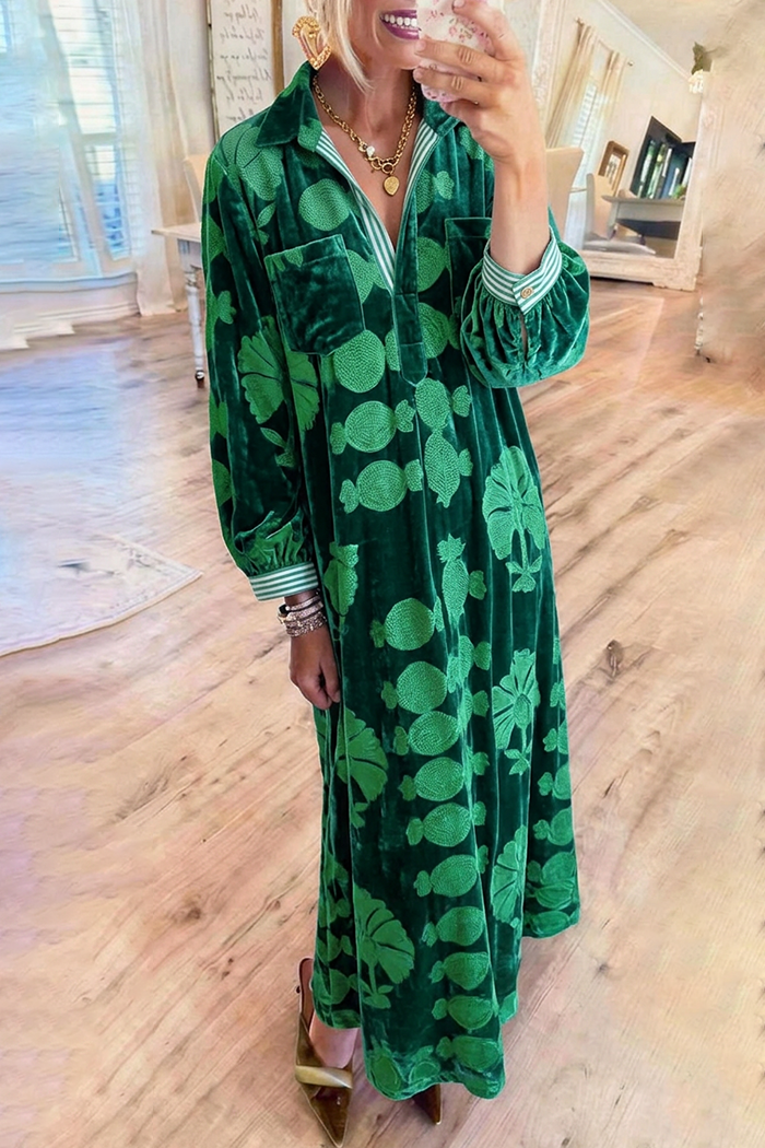 Velvet Collared Puff Sleeve Botanical Print Pocket Maxi Dress