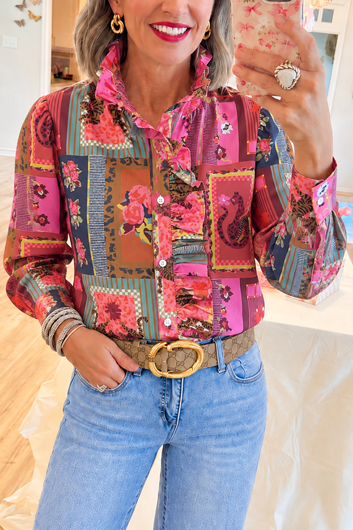 Patchwork Pattern Ruffled Trim Top