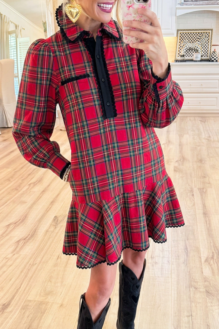 Plaid Half Button Pockets Ruffle Hem Dress