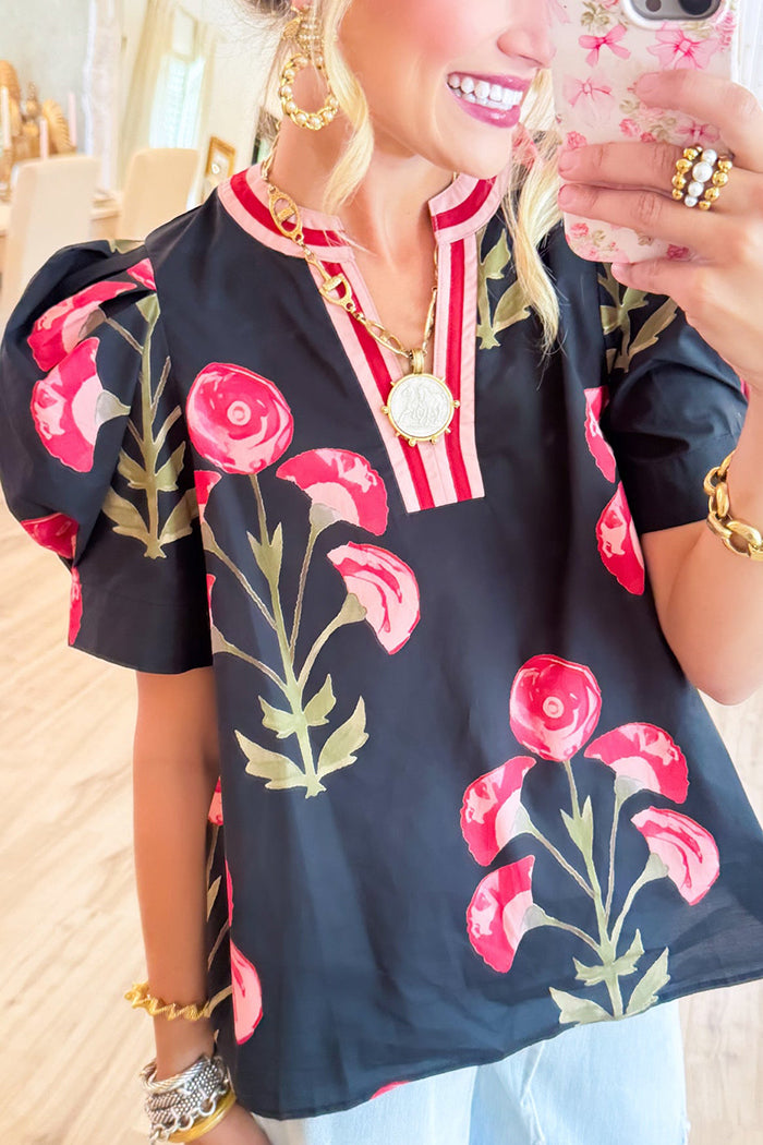 Floral Contrast Collar Puff Sleeve Top