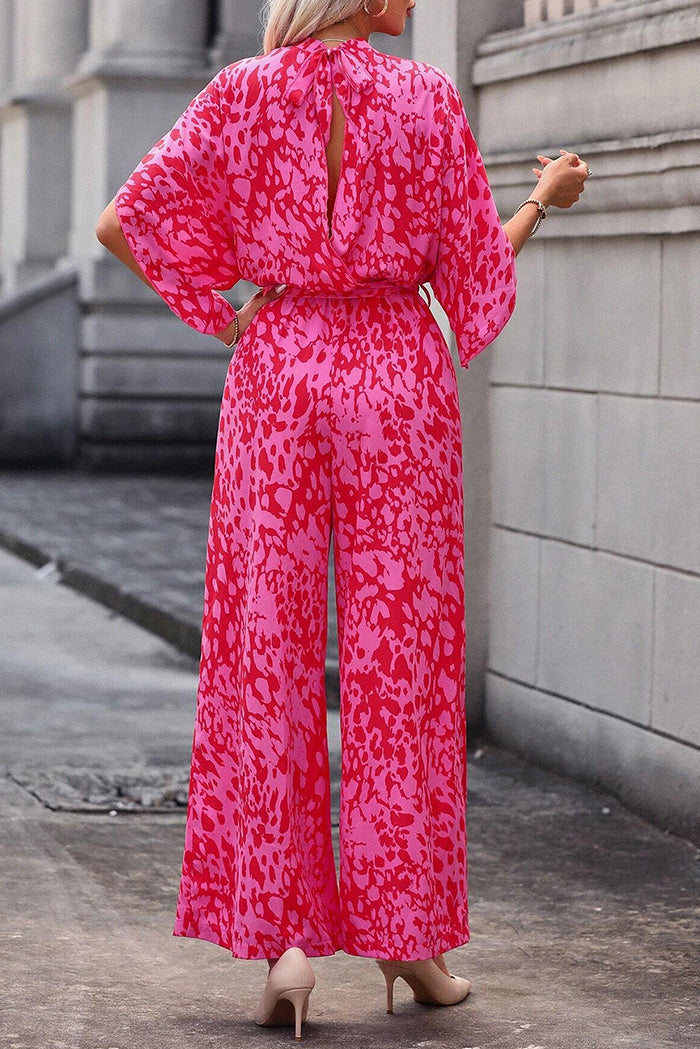Flounce Sleeve Leopard Belted Wide Leg Jumpsuit