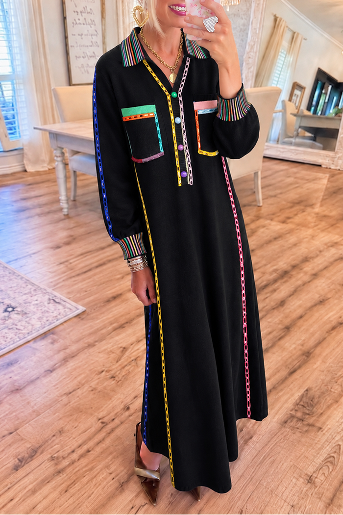 Black Color Block Knit Pocket Maxi Dress