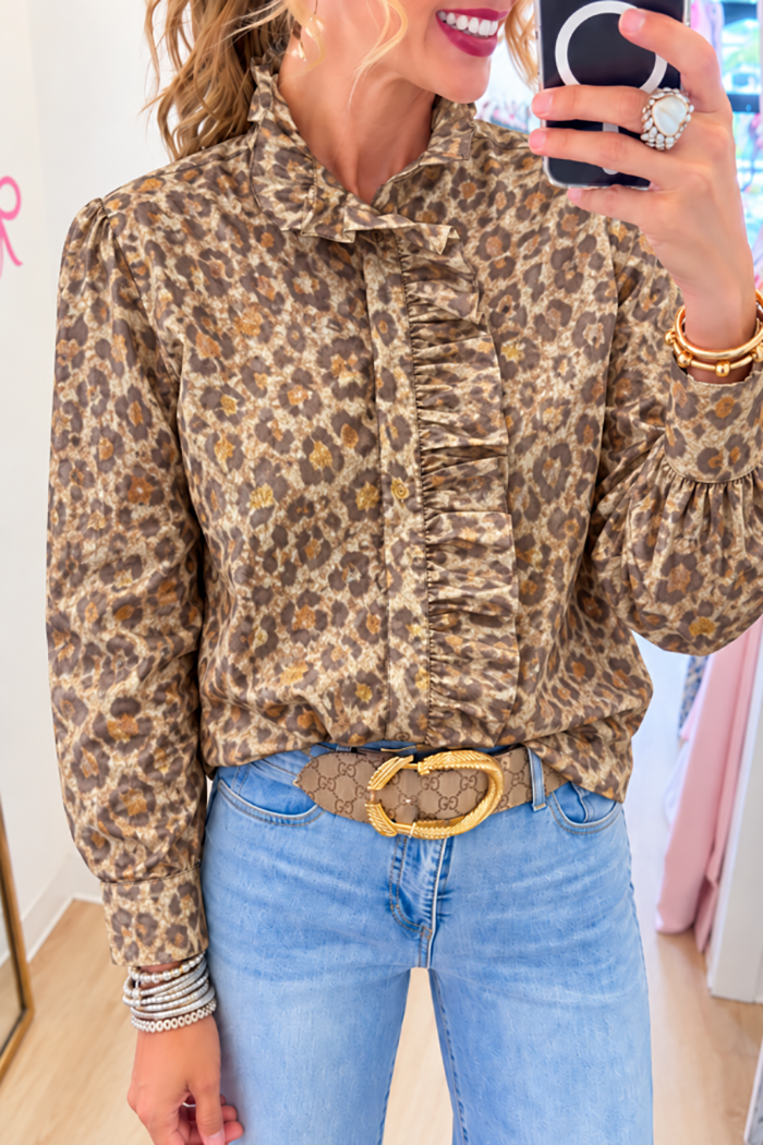 Brown Leopard Ruffle Front Balloon Sleeve Top