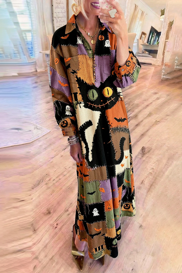 Collared Knit Patchwork Black Cat Ghost Maxi Dress