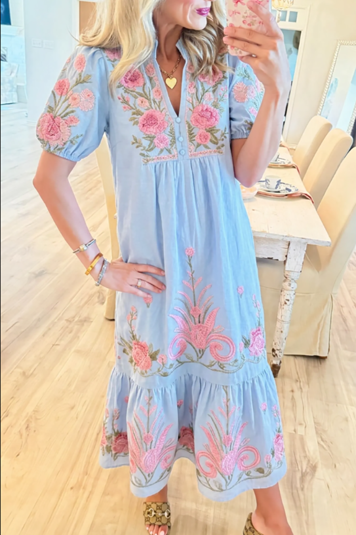 Casual V-Neck Puff Sleeve Embroidered Dress