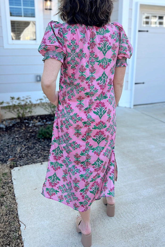Floral Puff Sleeve Pocket Dress