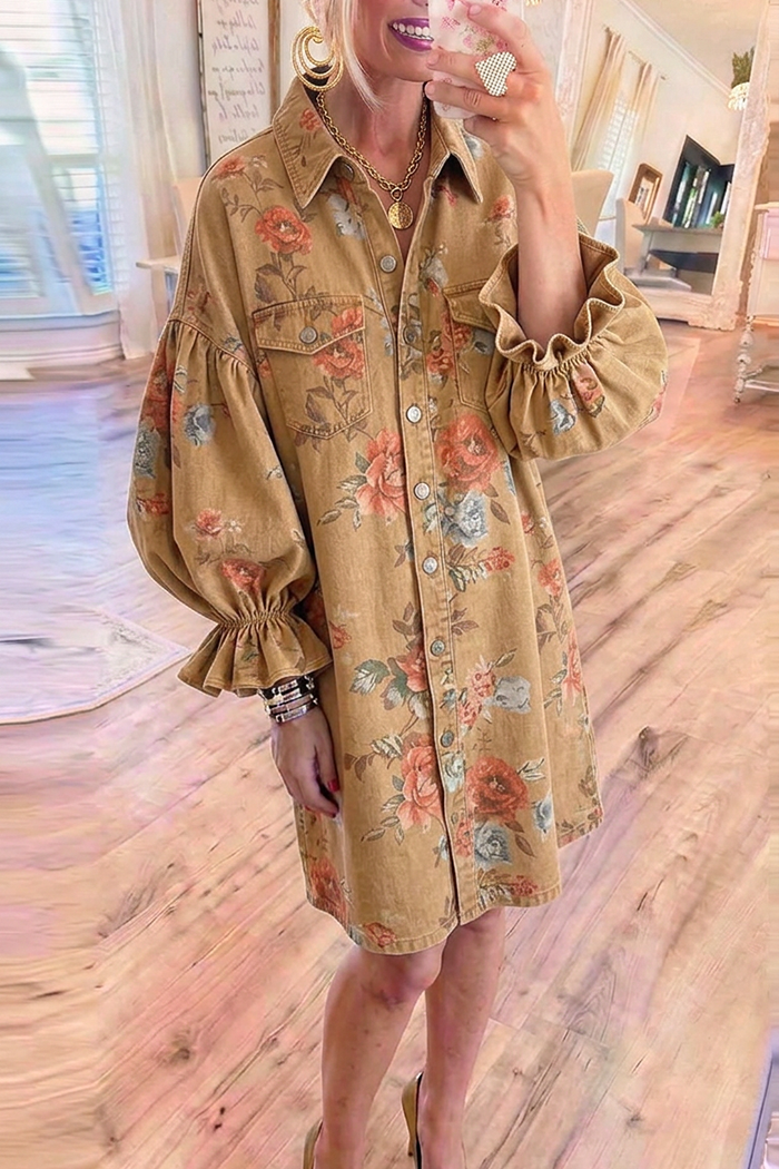 Tan Denim Collared Floral Balloon Ruffle Cuff Shirt Dress