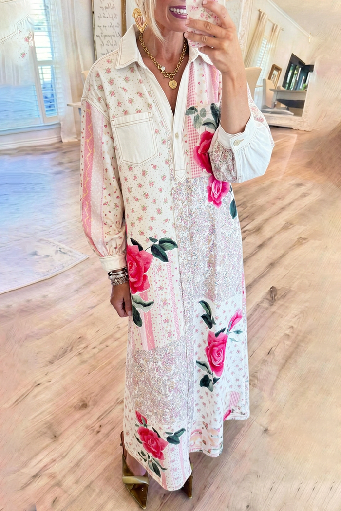 Patchwork Floral Collared Puff Sleeve Pocket Denim Maxi Dress