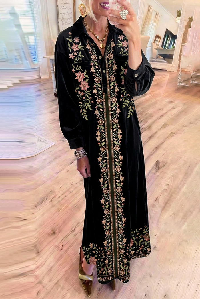Velvet Floral Embroidered Collared Pocket Long Sleeve Maxi Dress