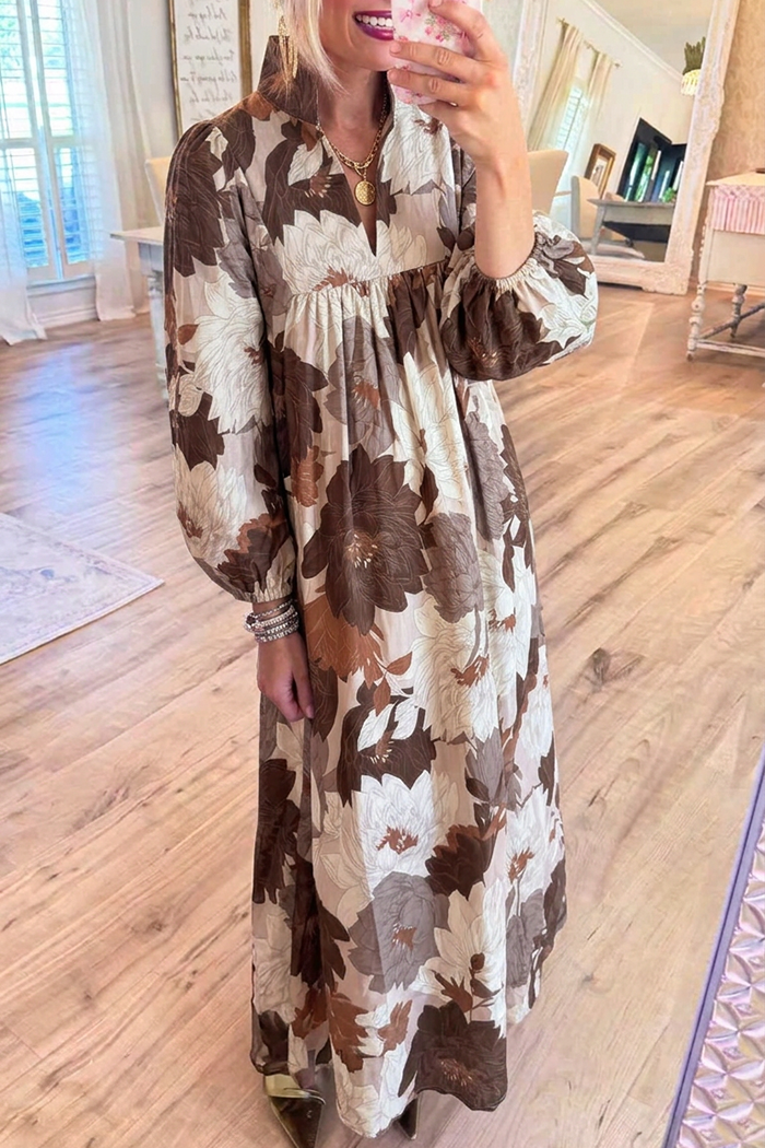 Big Floral Puff Sleeve Stand Collar Maxi Dress