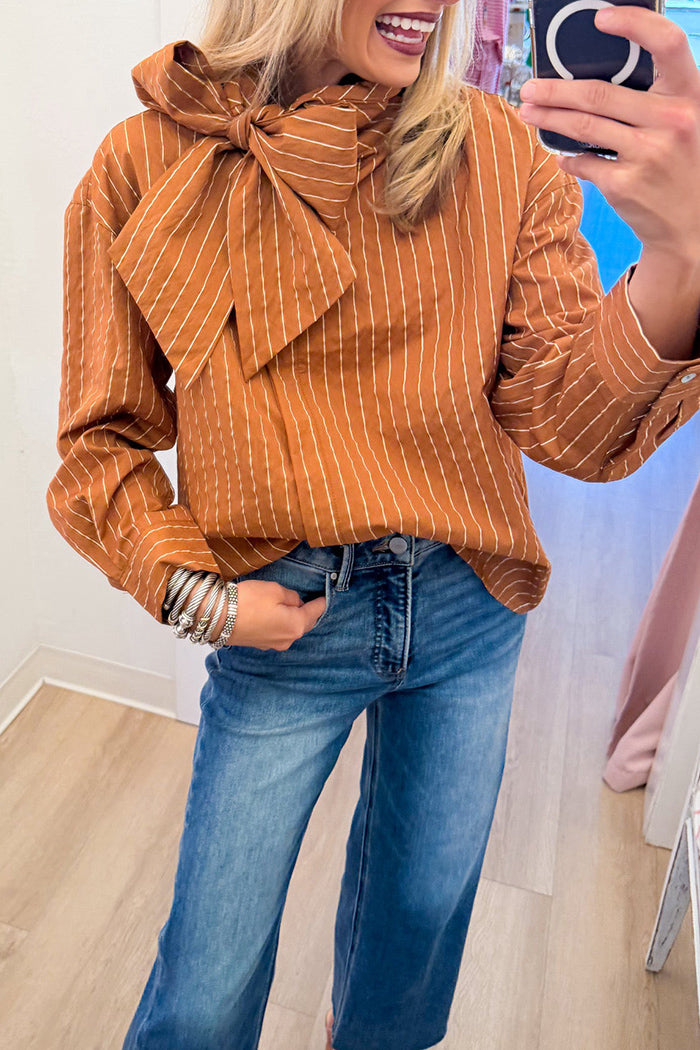 Camel Stripe Tie Neck Top