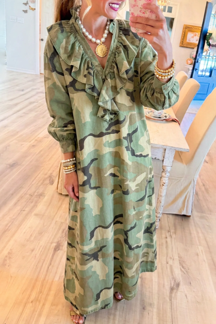 Ruffle Neck Camo Pocket Maxi Dress