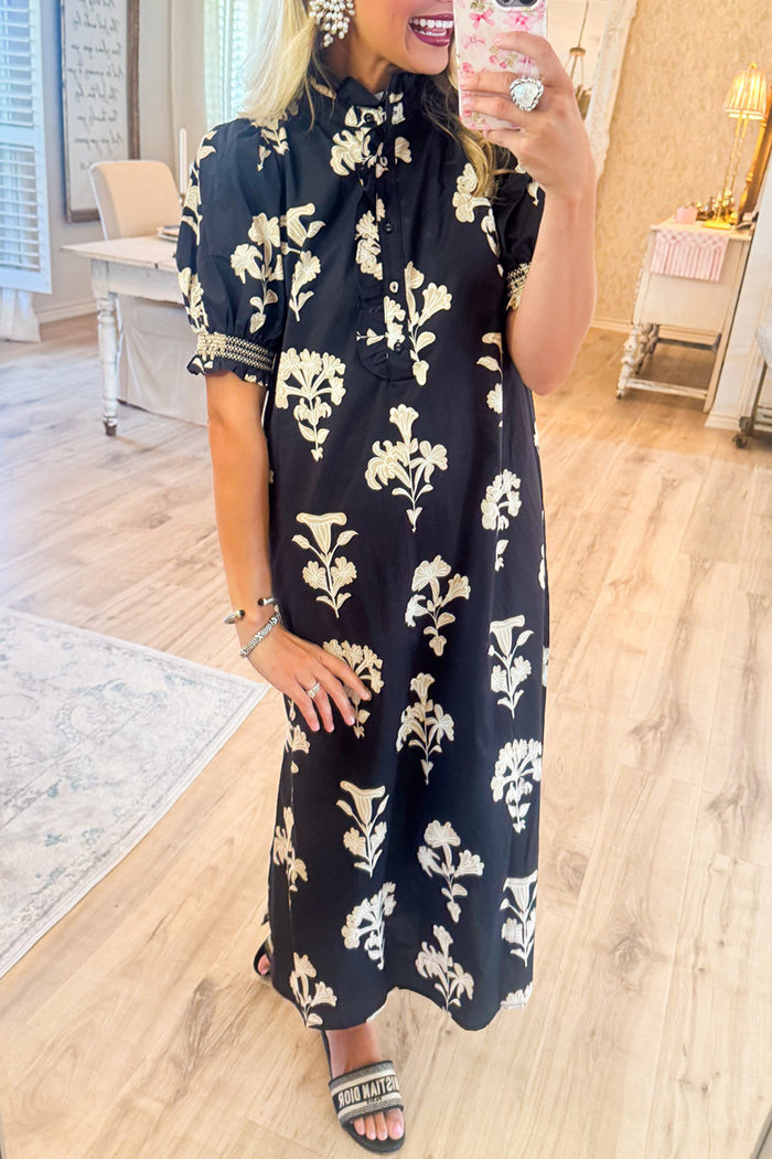 Black Floral Puff Sleeve Midi Dress