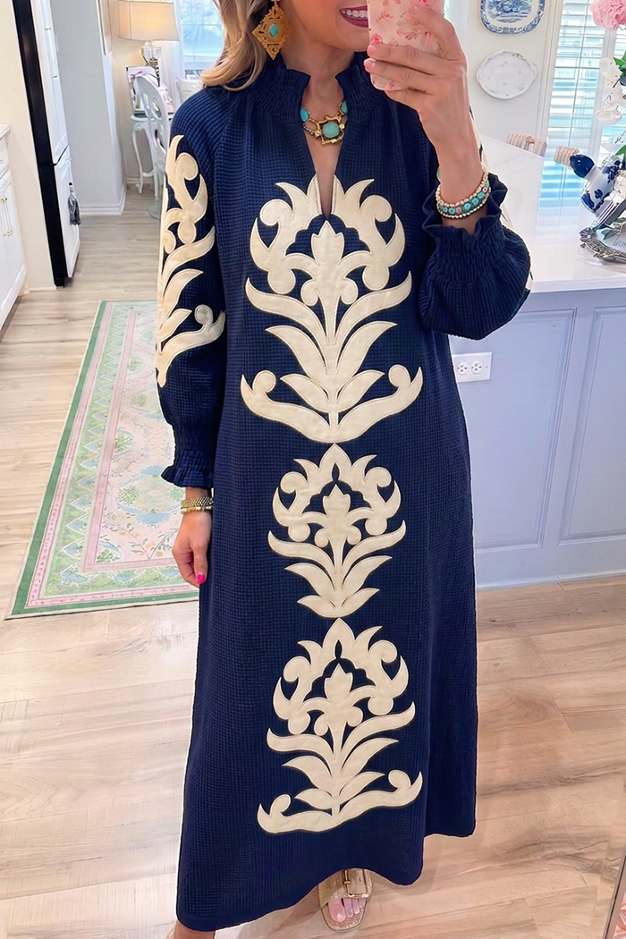 Navy Cream Knit Jacquard Long Sleeve Pockets Maxi Dress