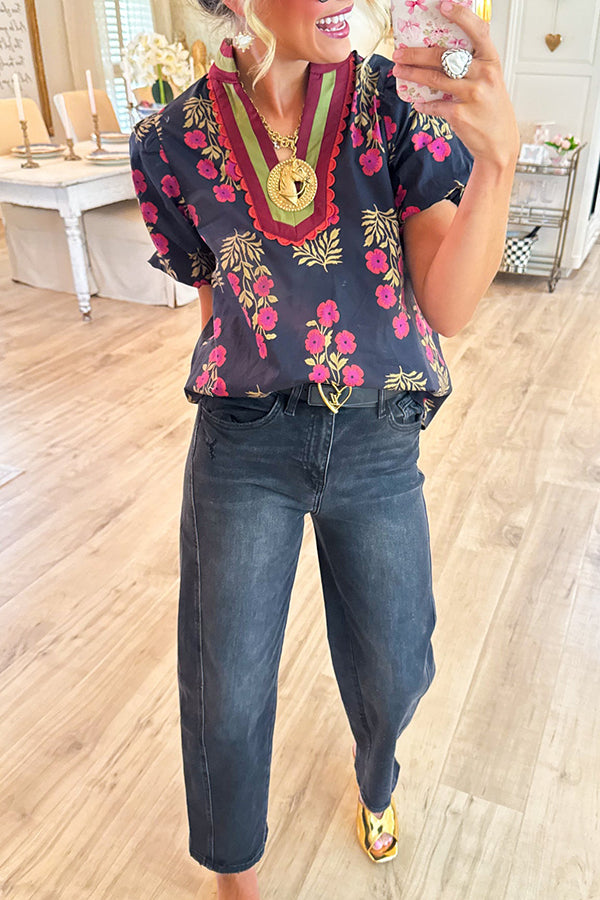 Floral Print Bubble Sleeve Top