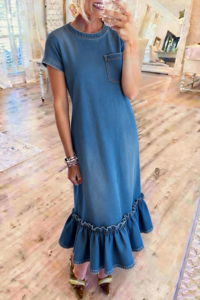 Denim Chest Pocket Ruffle Hem Dress