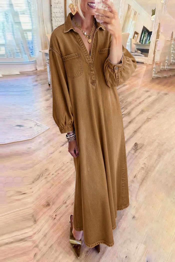 Camel Denim Collared Balloon Sleeves Chest Pockets Maxi Dress