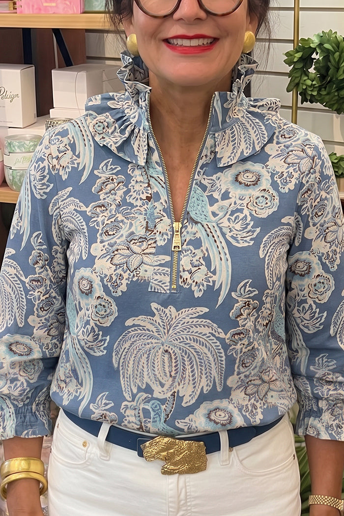 Ruffle Neck Half-Zip Print Top