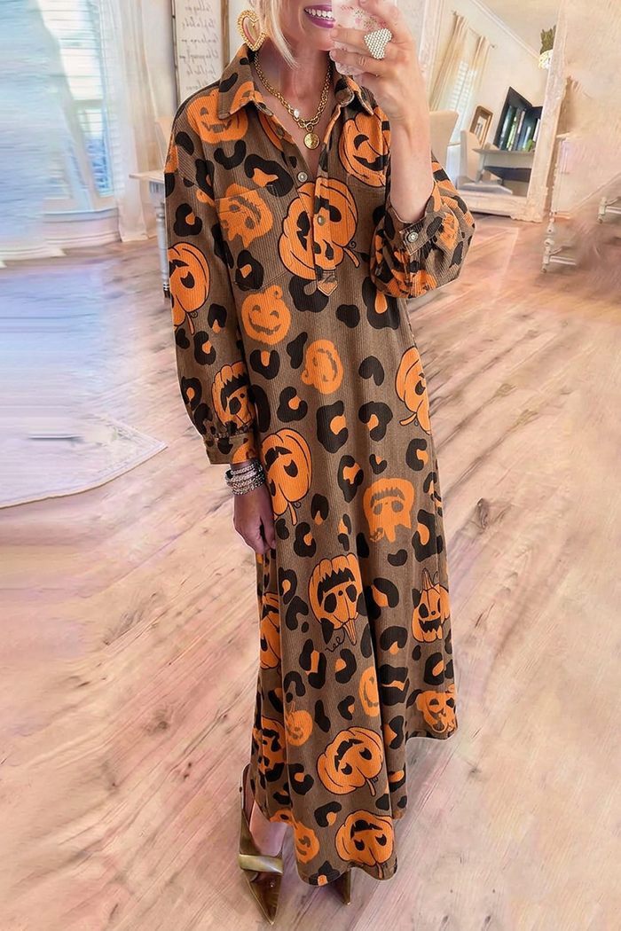 Brown Collared Halloween Pumpkin Leopard Motif Long Sleeve Maxi Dress