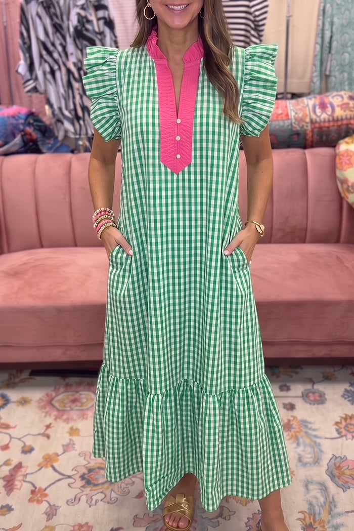 Green Gingham Ruffle Sleeve Maxi Dress