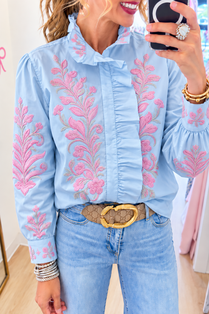 Light Blue Floral Embroidery Ruffle Top