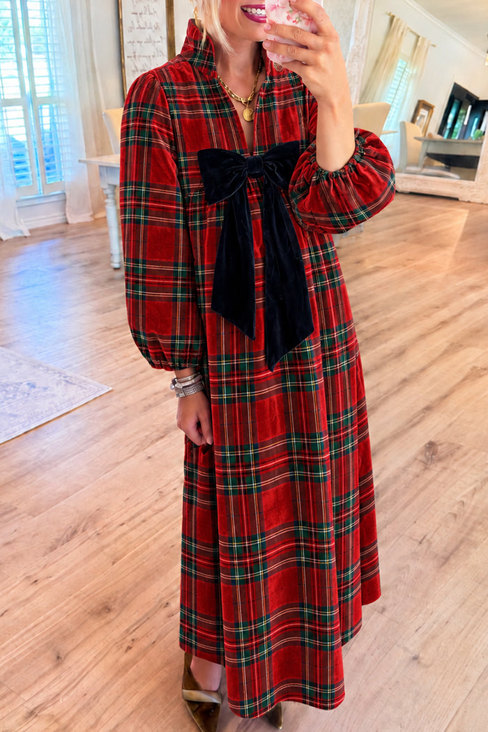 Bubble Sleeve Red Tartan Plaid Black Bow Maxi Dress