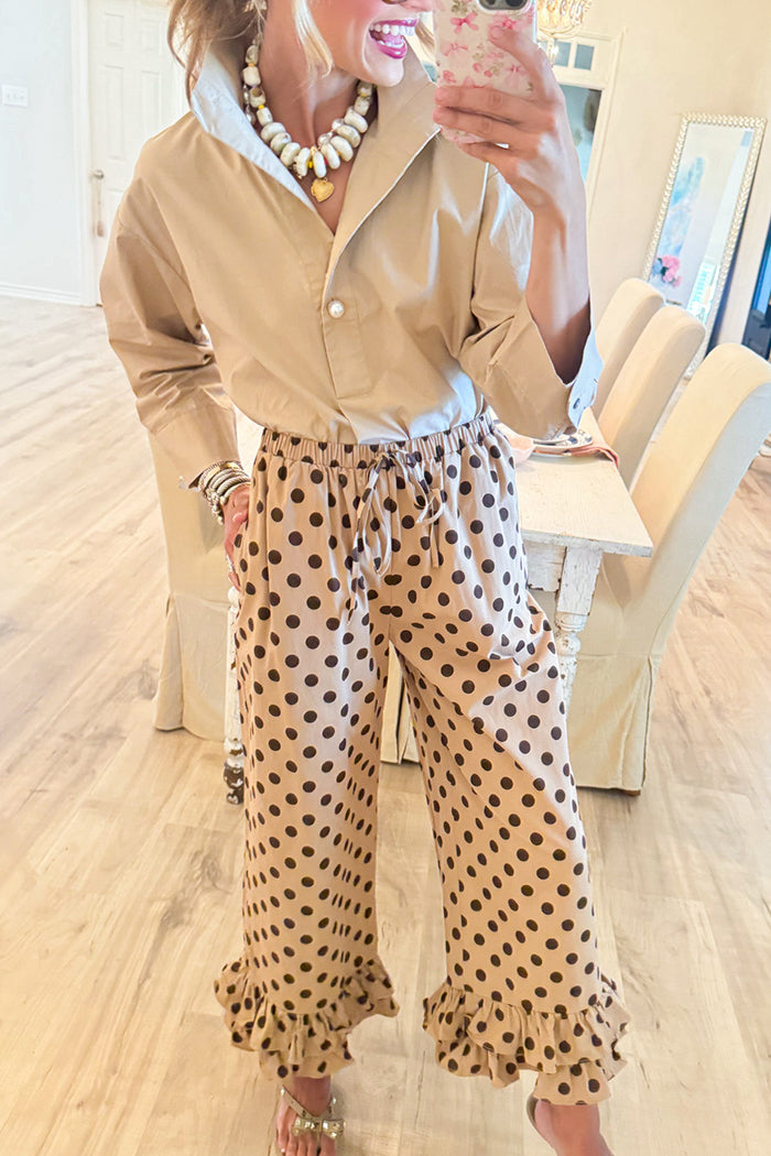 Casual Khaki Collared Pearl Detail Top