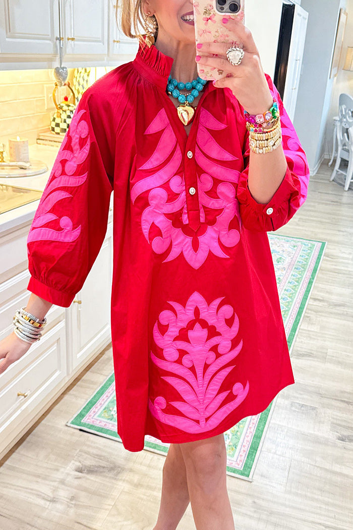 3/4 Sleeve Red Contrast Printed Dress