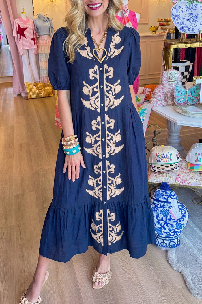 Button Front Pocket Denim Puff Sleeve Maxi Dress