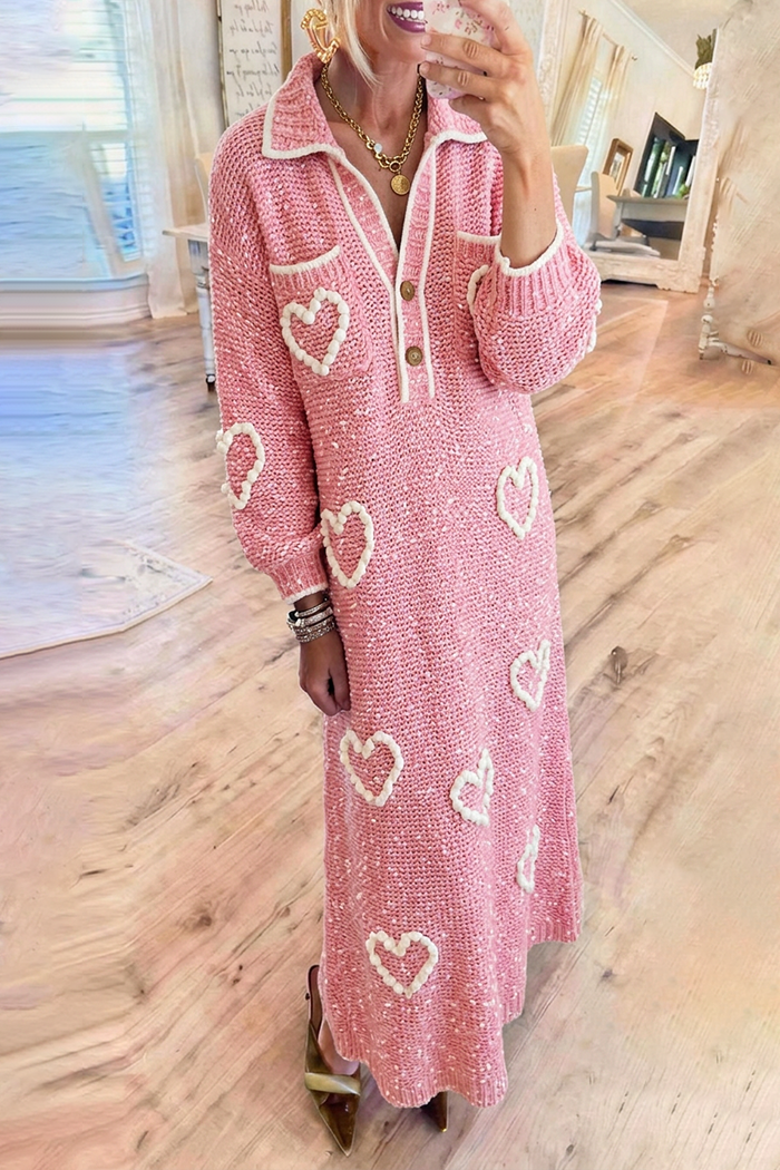 Pink Crochet Heart Collared Half Button Pocket Knit Maxi Dress