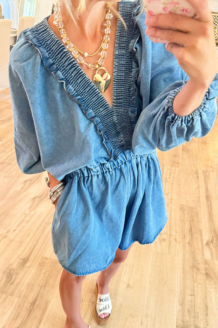 V-Neck Puff Sleeves Denim Romper
