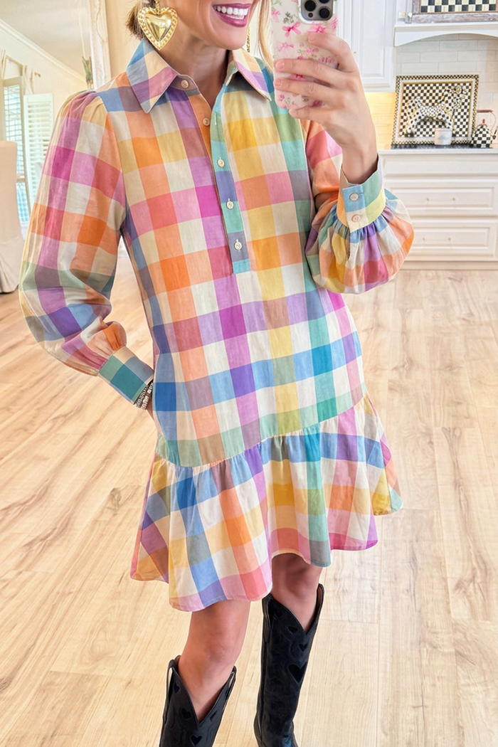 Plaid Collared Puff Sleeve Ruffle Hem Pocket Dress