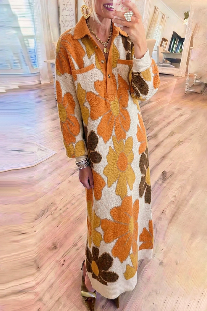 Orange Floral Jacquard Knit Collared Pockets Maxi Dress