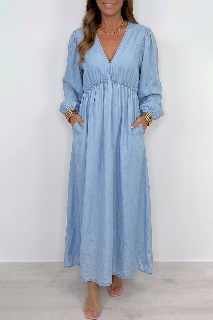 Puff Sleeve Gathered Waist Maxi Dress