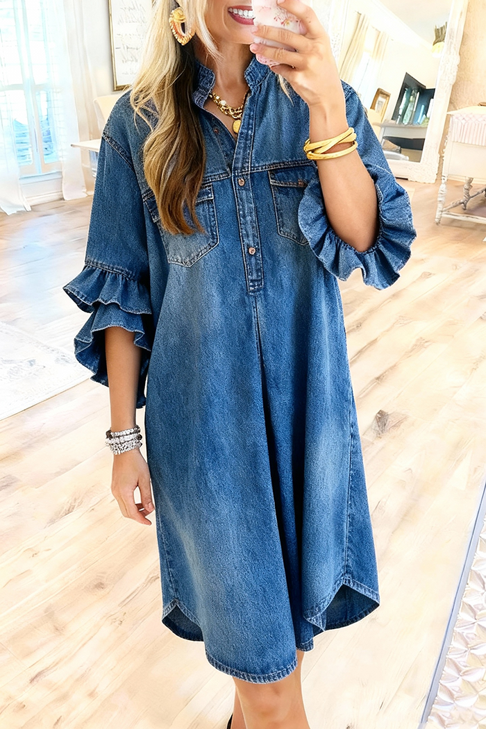 Flap Pocket Ruffle Sleeve Denim Dress