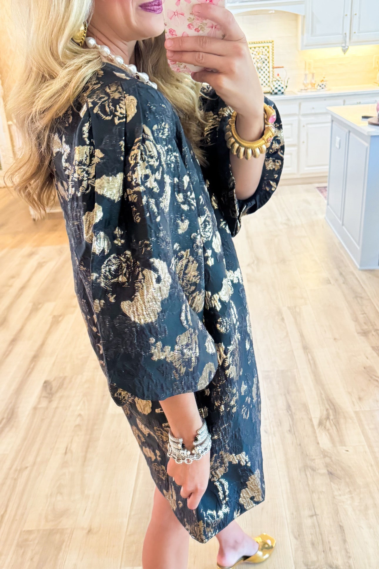 Black Gold Accent Jacquard Shift Dress