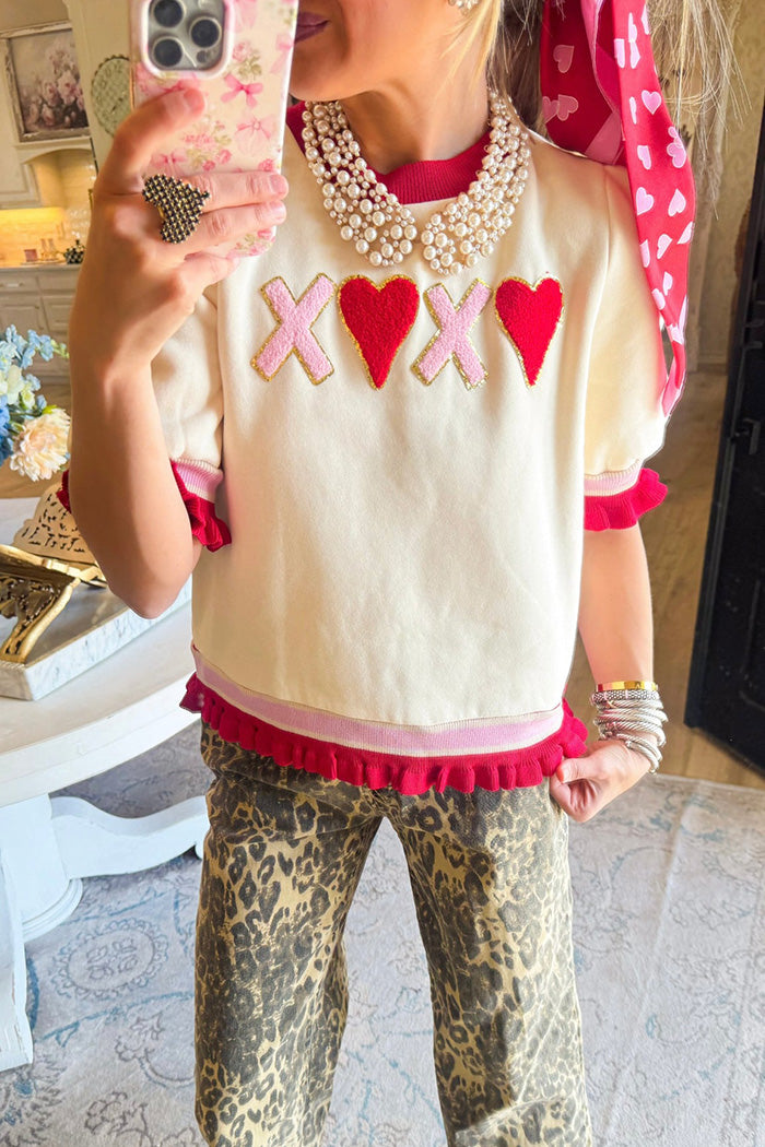 Ruffle Hem Cuff Heart Patchwork Round Neck Top