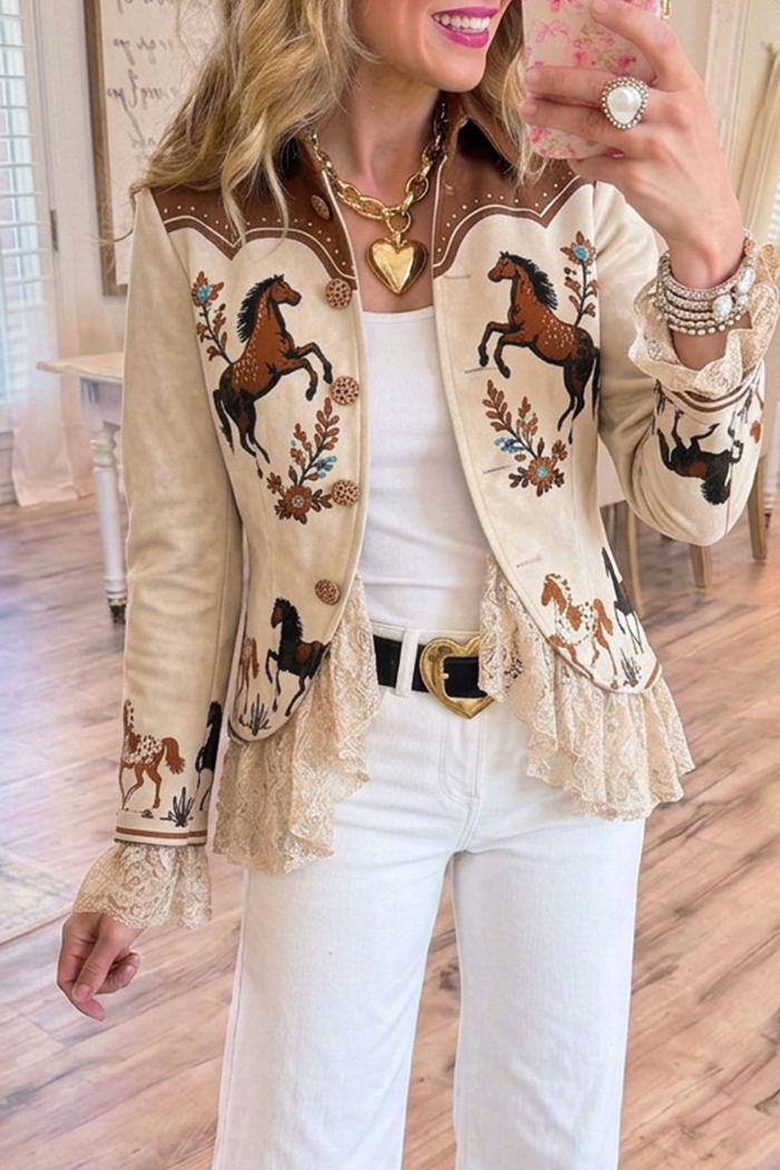 Cream Western Horse Embroidery Lace Ruffle Hem Cropped Jacket