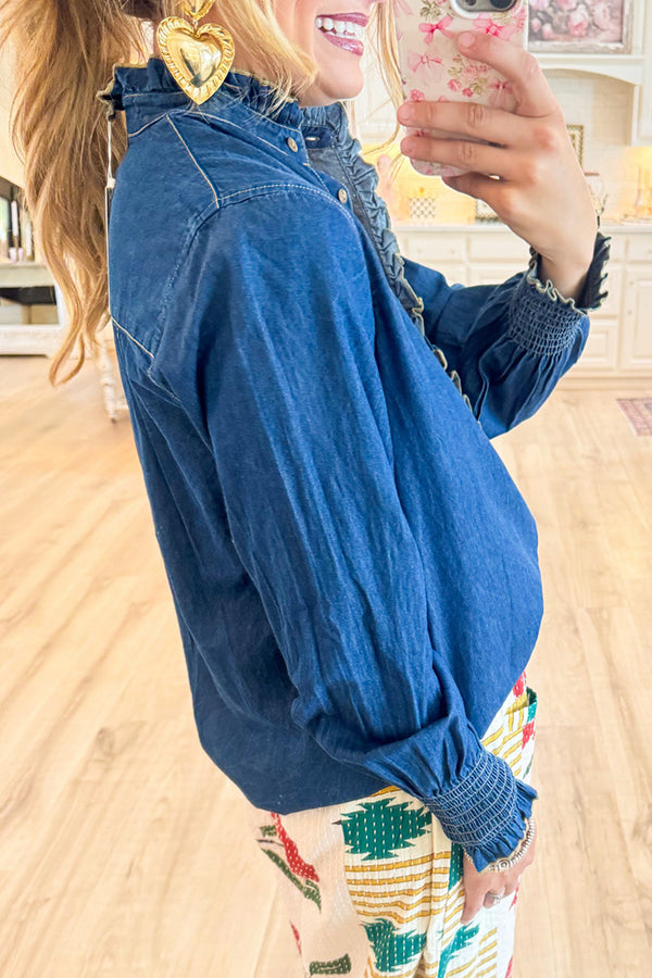 Denim Ruffle Button Up Top