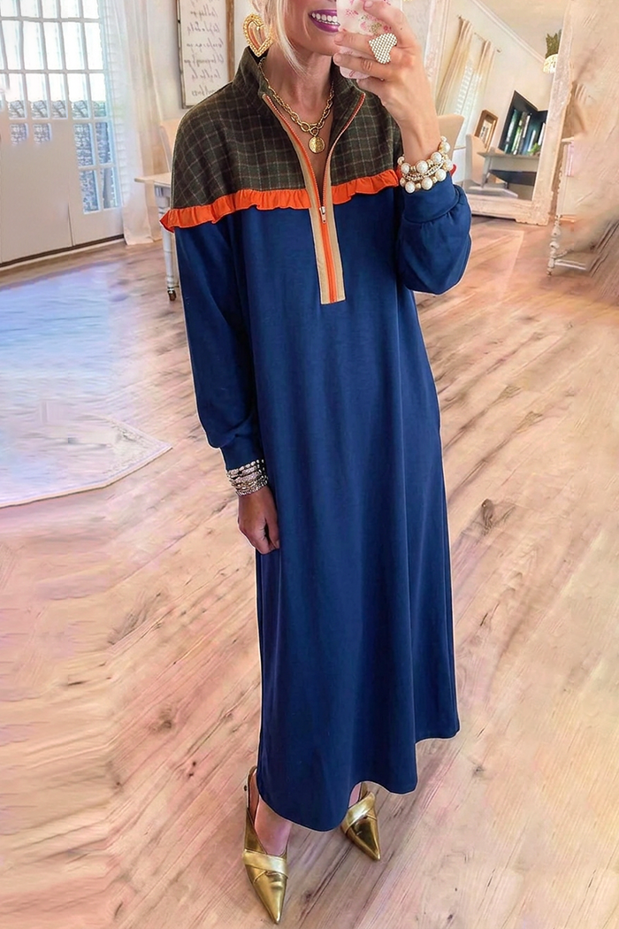 Navy Plaid Half Zip Ruffle Long Sleeve Maxi Dress