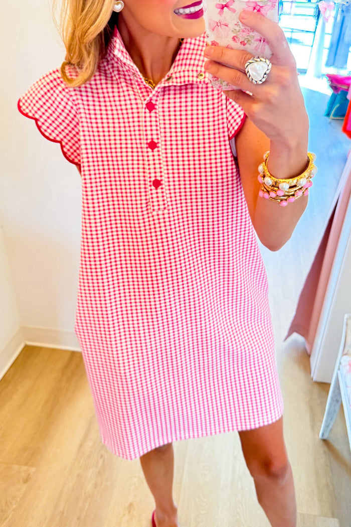 Pink Gingham Scallop Sleeve Pocket Dress